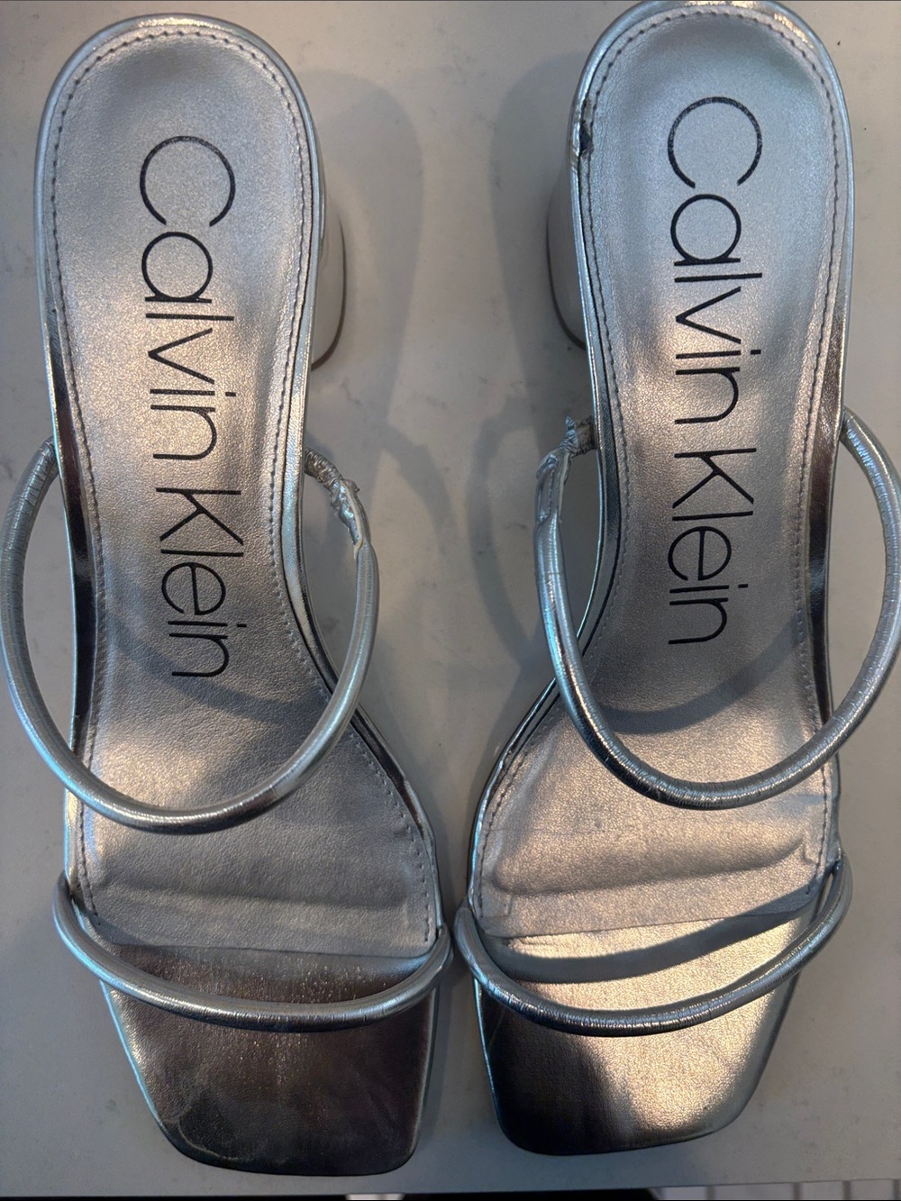 Calvin Klein Silver Metallic Strappy Heeled Sandals